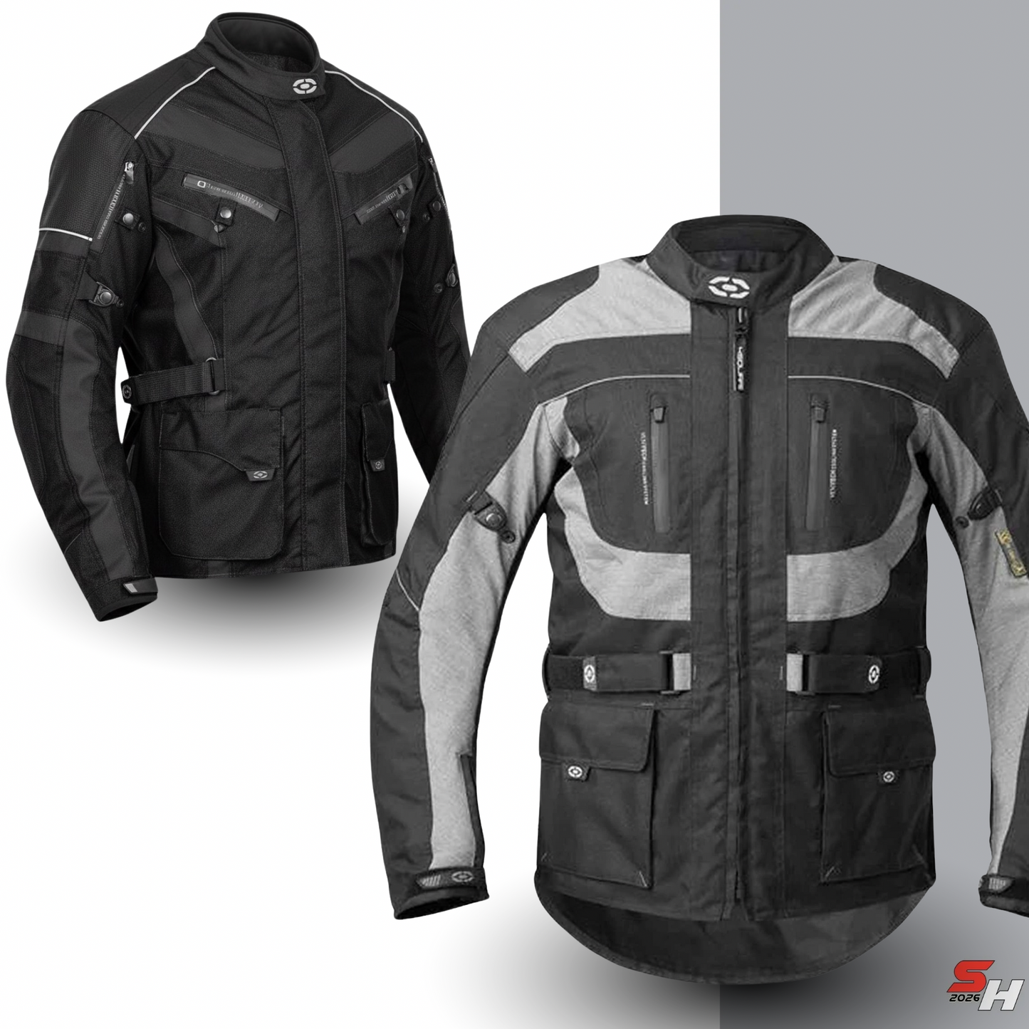 Four-season motorcycle jacket with black and grey climber protectors