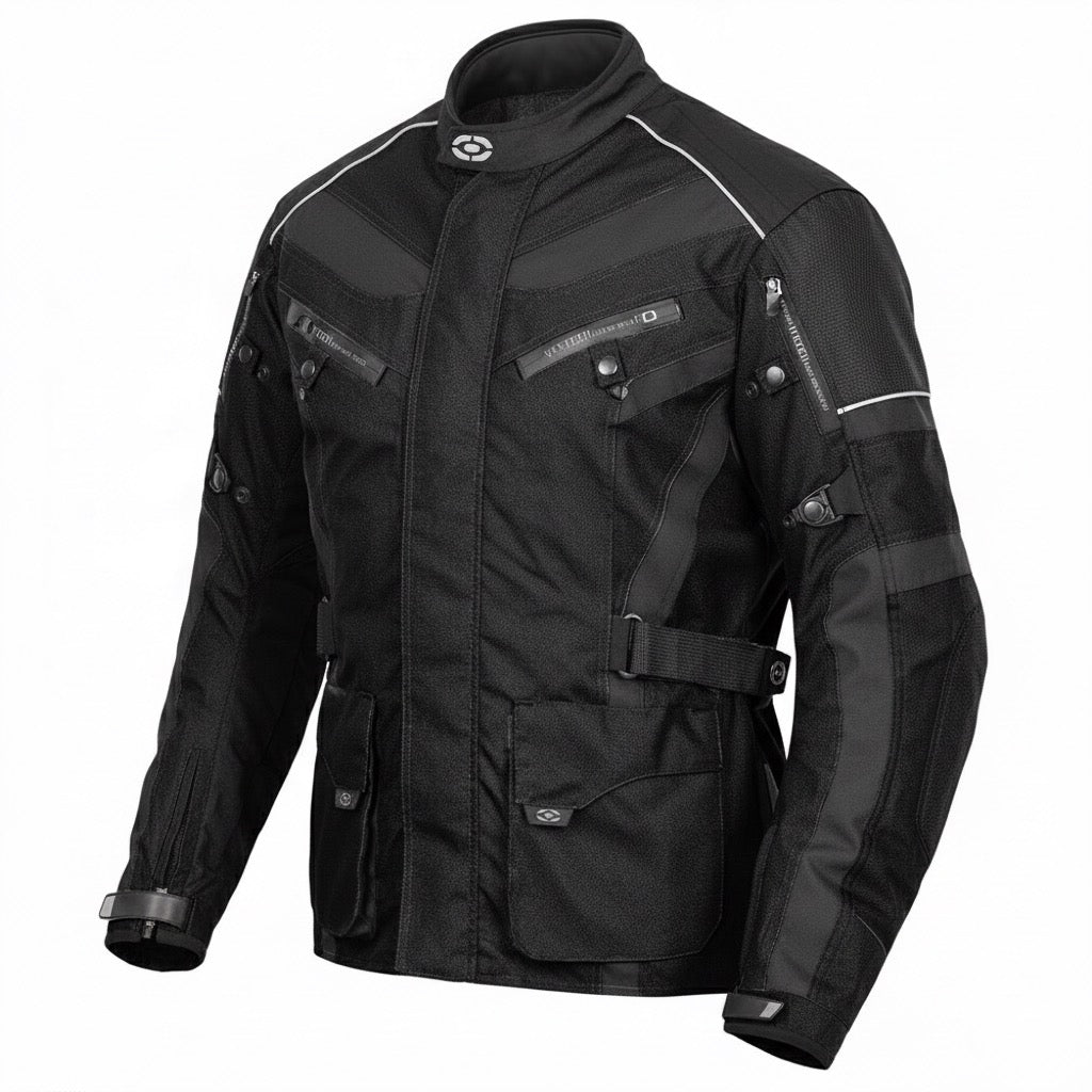 Four-season motorcycle jacket with black and grey climber protectors