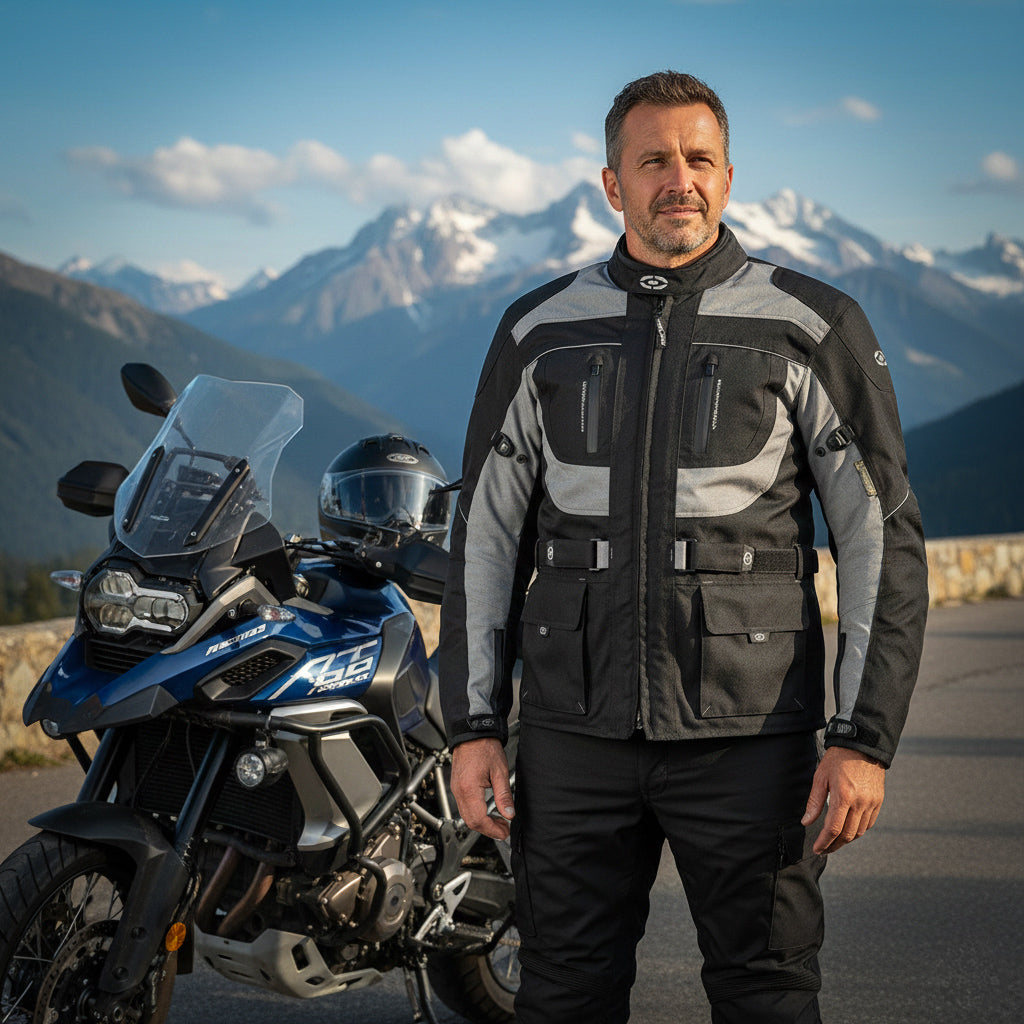 Four-season motorcycle jacket with black and grey climber protectors