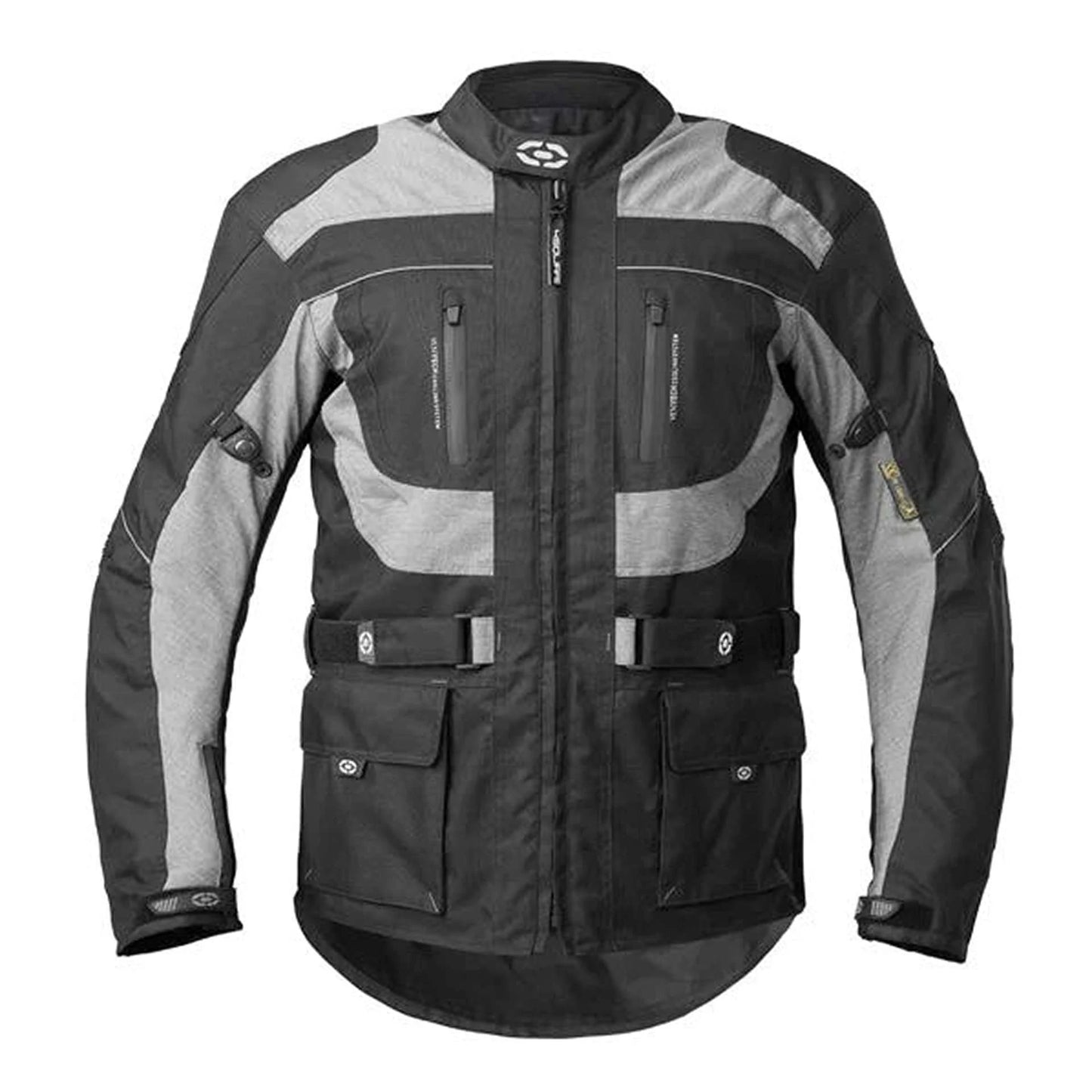 Four-season motorcycle jacket with black and grey climber protectors