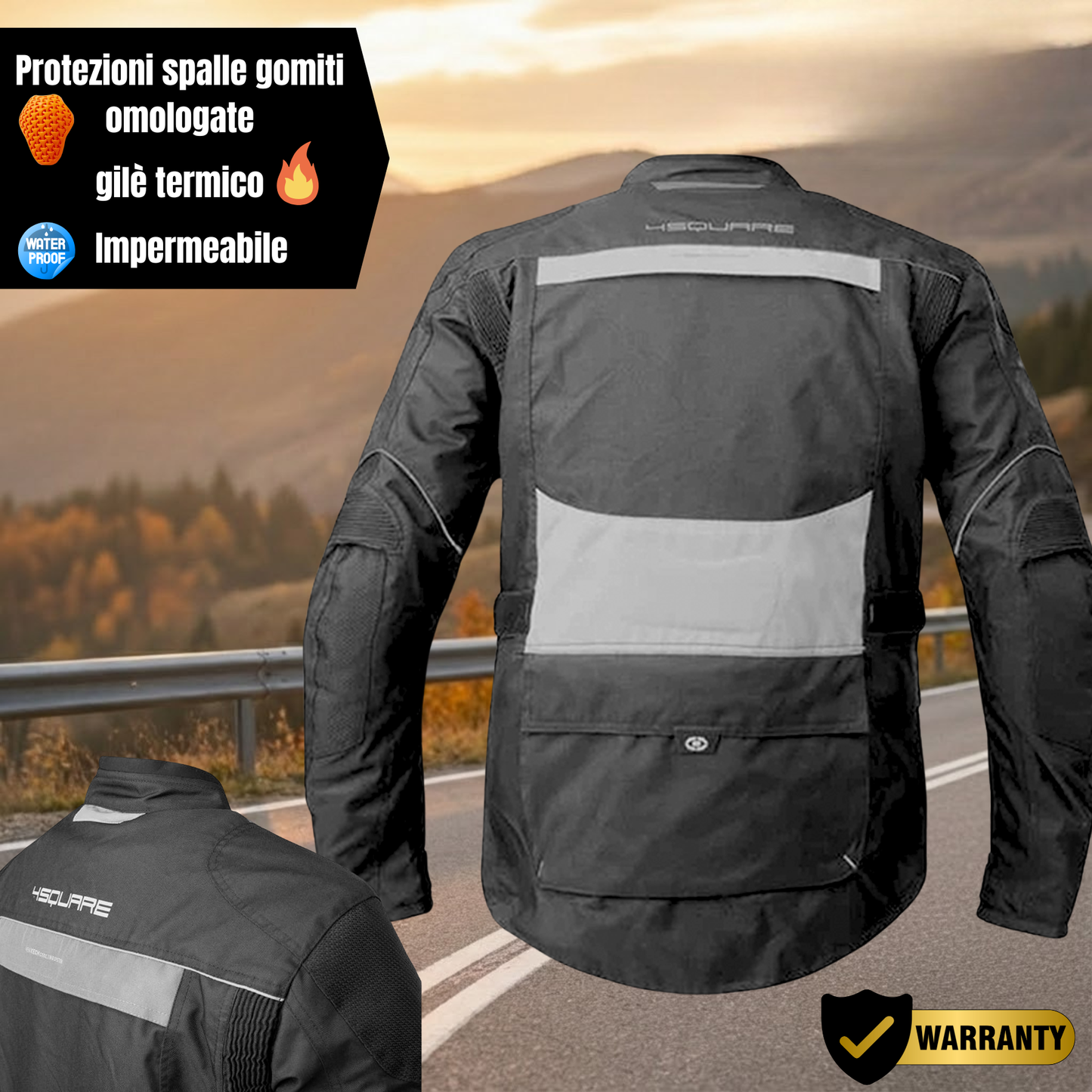 Four-season motorcycle jacket with black and grey climber protectors