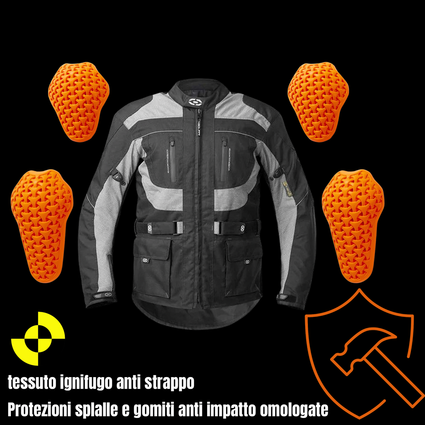 Four-season motorcycle jacket with black and grey climber protectors